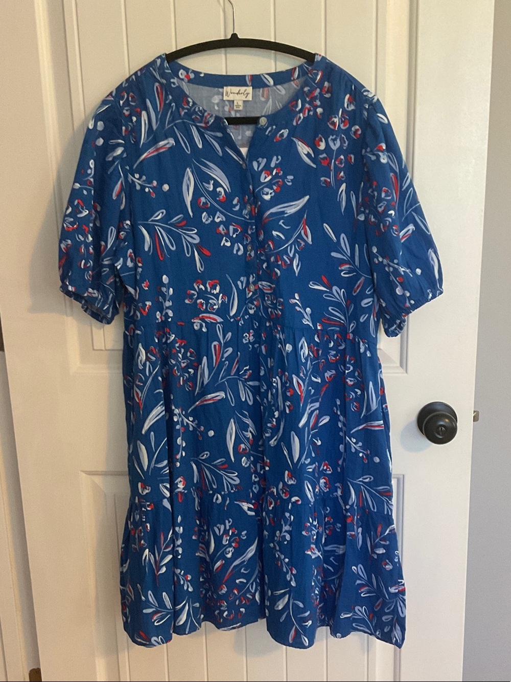 Wonderly Blue Floral Tiered Dress with White & Red Accents